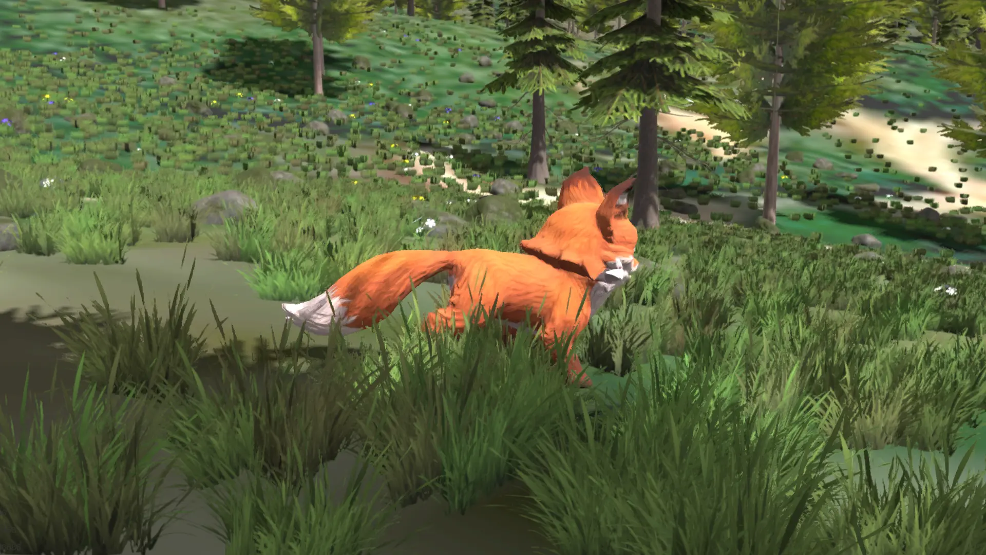 Paul the Fox exploring sunlit hills in a 3D world